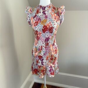 Liberty Love Floral Smocked Mini Dress in White, Pink, Orange, Red